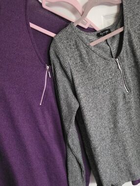 Two Cozy Zip-Detail Sweater-long sleeve shirt - Purple & Gray